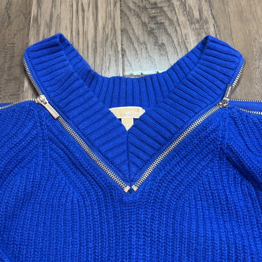 Michael Kors Cold Shoulder Zip‎ Neck Sweater Blue Ribbed Knit Size S